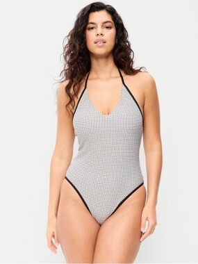 Pique V-Neck Halter Swimsuit